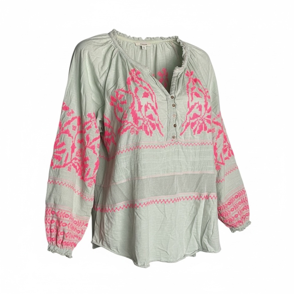 Free People Mint Green Blouse with Hot Pink Embroidery